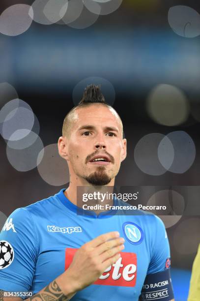 Marek Hamsik of SSC Napoli in action during the UEFA Champions League Qualifying Play-Offs Round First Leg match between SSC Napoli and OGC Nice at...