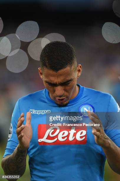 Allan of SSC Napoli in action during the UEFA Champions League Qualifying Play-Offs Round First Leg match between SSC Napoli and OGC Nice at Stadio...