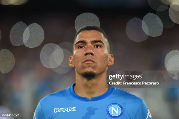 Allan of SSC Napoli in action during the UEFA Champions League Qualifying Play-Offs Round First Leg match between SSC Napoli and OGC Nice at Stadio...