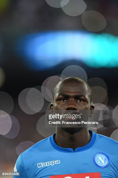 Kalidou Koulibaly of SSC Napoli in action during the UEFA Champions League Qualifying Play-Offs Round First Leg match between SSC Napoli and OGC Nice...