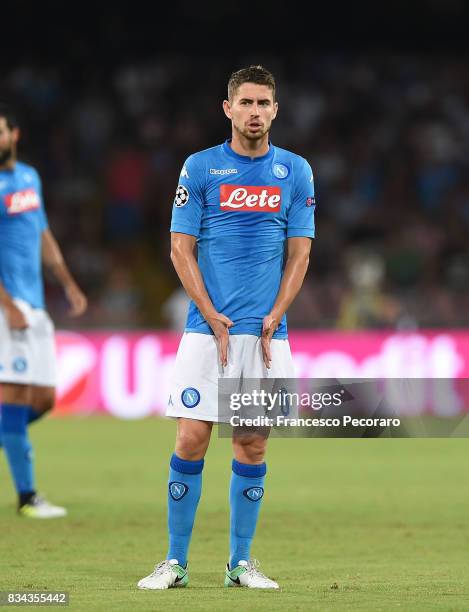 Jorginho of SSC Napoli in action during the UEFA Champions League Qualifying Play-Offs Round First Leg match between SSC Napoli and OGC Nice at...