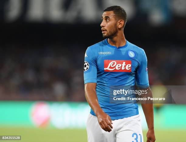 Faouzi Ghoulam of SSC Napoli in action during the UEFA Champions League Qualifying Play-Offs Round First Leg match between SSC Napoli and OGC Nice at...