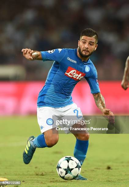 Lorenzo Insigne of SSC Napoli in action during the UEFA Champions League Qualifying Play-Offs Round First Leg match between SSC Napoli and OGC Nice...