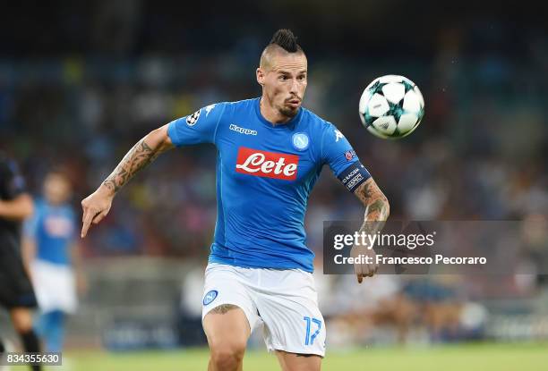 Marek Hamsik of SSC Napoli in action during the UEFA Champions League Qualifying Play-Offs Round First Leg match between SSC Napoli and OGC Nice at...