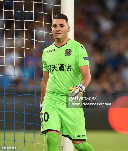 Yoan Cardinale of OGC Nice in action during the UEFA Champions League Qualifying Play-Offs Round First Leg match between SSC Napoli and OGC Nice at...