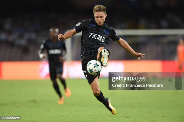 Arnaud Souquet of OGC Nice in action during the UEFA Champions League Qualifying Play-Offs Round First Leg match between SSC Napoli and OGC Nice at...