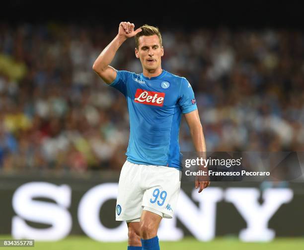 Arkadiusz Milik of SSC Napoli in action during the UEFA Champions League Qualifying Play-Offs Round First Leg match between SSC Napoli and OGC Nice...