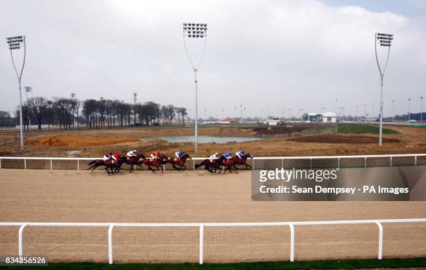 Runners and riders in The Chelmsford return of racing handicap stakes at Great Leighs Racecourse in Chelmsford, Essex.
