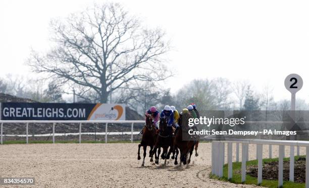 Runners and riders in the greatleighs.com handicap stakes at Great Leighs Racecourse in Chelmsford, Essex.