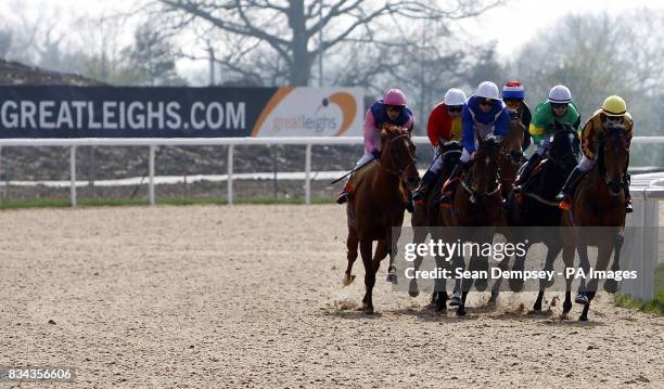 Runners and riders in the greatleighs.com Handicap Stakes at Great Leighs Racecourse in Chelmsford, Essex.