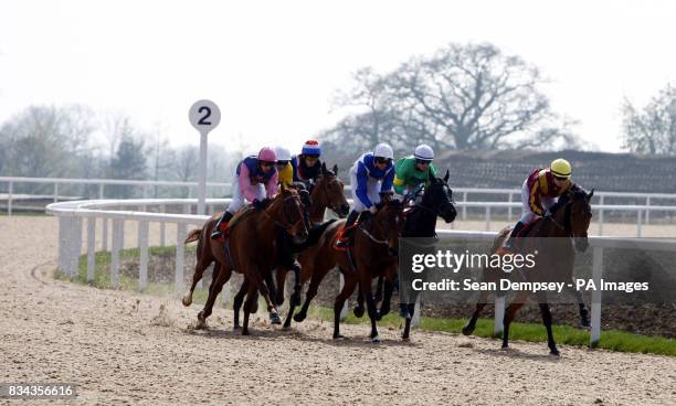 Eventual winner Pocket Too and jockey Kirsty Milczarek leads round the bend during the greatleighs.com Handicap Stakes at Great Leighs Racecourse in...