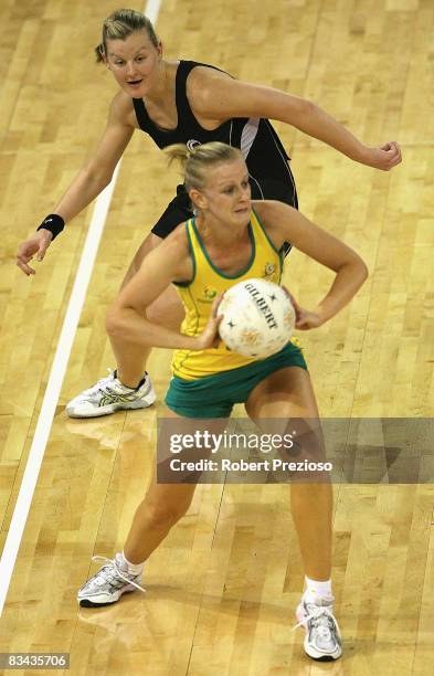 Lauren Nourse of the Diamonds looks for a team mate during game one of the Holden Netball Test Series between the Australian Diamonds and the New...