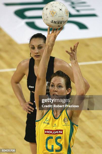 Kate Beveridge of the Diamonds shoots for goal during game one of the Holden Netball Test Series between the Australian Diamonds and the New Zealand...