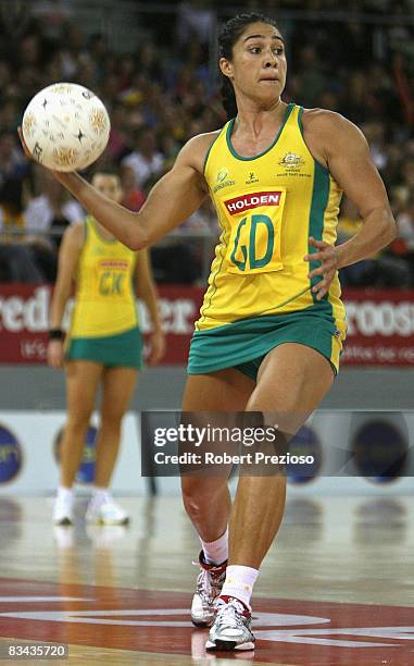 Mo'onia Gerrard of the Diamonds looks for a team mate during game one of the Holden Netball Test Series between the Australian Diamonds and the New...