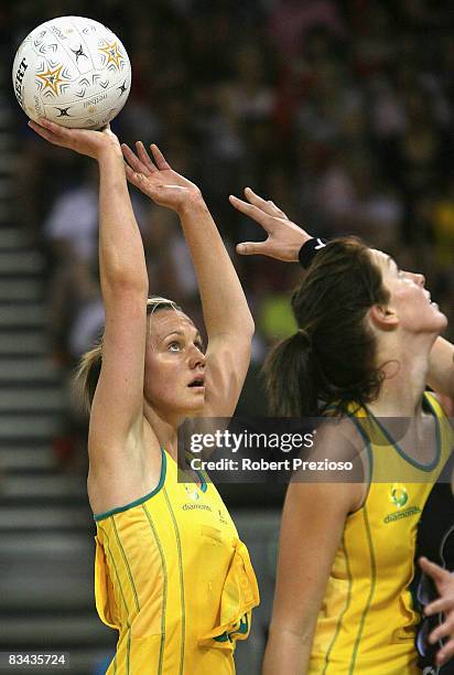 Natalie Medhurst of the Diamonds shoots for goal during game one of the Holden Netball Test Series between the Australian Diamonds and the New...