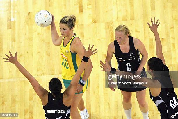 Julie Prendergast of the Diamonds passes the ball during game one of the Holden Netball Test Series between the Australian Diamonds and the New...