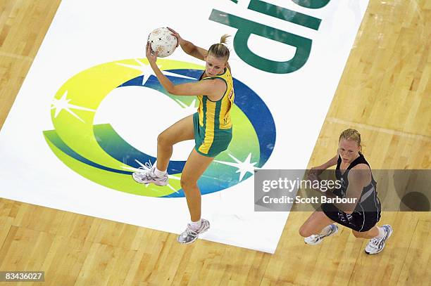 Lauren Nourse of the Diamonds in action during game one of the Holden Netball Test Series between the Australian Diamonds and the New Zealand Silver...