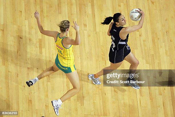 Joline Henry of the Silver Ferns and Lauren Nourse of the Diamonds in action during game one of the Holden Netball Test Series between the Australian...