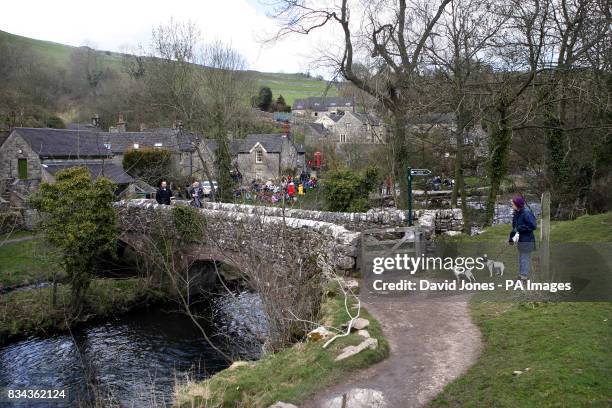 The hamlet of Milldale, beside the river Dove in Dovedale in the Derbyshire Peak District.