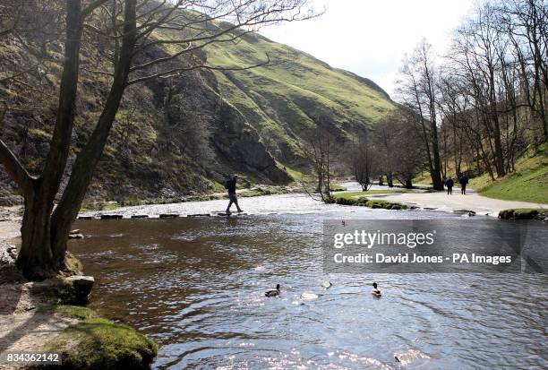 The 'stepping stones' over the river Dove in Dovedale, in the Derbyshire Peak District.