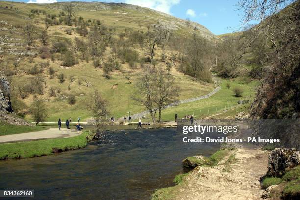 The 'stepping stones' over the river Dove in Dovedale, in the Derbyshire Peak District.