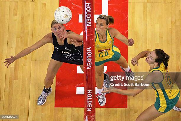 Casey Williams of the Silver Ferns and Natalie Medhurst of the Diamonds compete for the ball during game one of the Holden Netball Test Series...