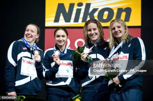 Great Britains Melanie Marshall, Caitlin MaClatchey, Joanne Jackson and Rebecca Adlington celebrate after winning the silver medal in the final of...