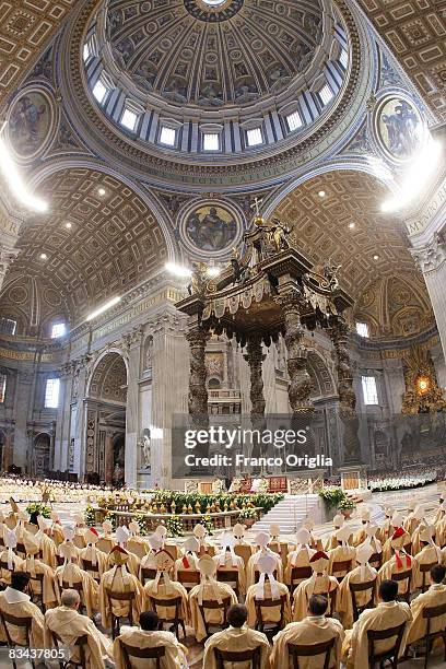 Pope Benedict XVI attends a mass at the conclusion of the 12th Ordinary General Assembly of the Synod of Bishops at the St. Peter's Basilica, October...