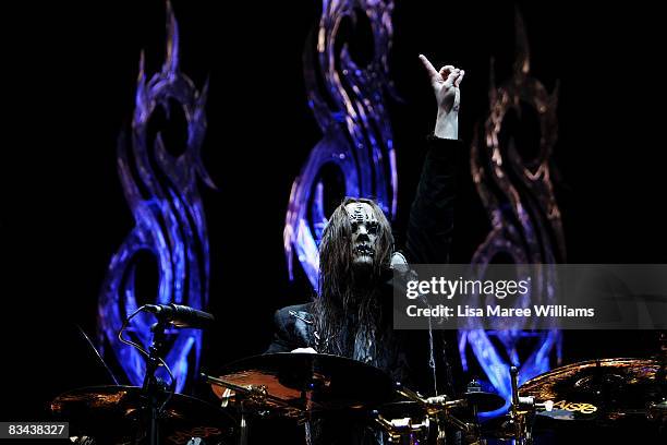 Drummer Joey Jordison of heavy metal band Slipknot performs on stage in concert at Acer Arena on October 26, 2008 in Sydney, Australia.