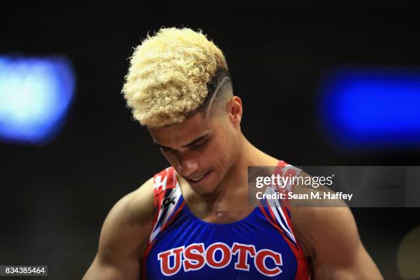 Donothan Bailey looks on during the competes on the Parallel Bars P&G Gymnastics Championships at Honda Center on August 17, 2017 in Anaheim,...