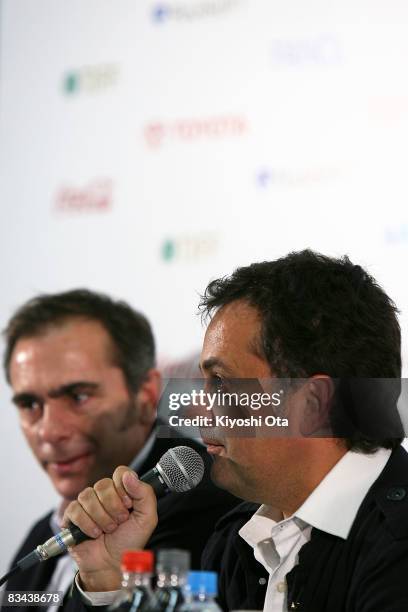 Spanish director Jose Antonio Quiros and producer Loris Omedes attend a press conference as they receive the TOYOTA Earth Grand Prix for their film...