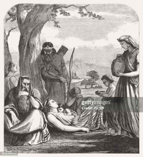 purification of israelites (psalms 106, 46), wood engraving, published 1886 - babylon exile stock illustrations
