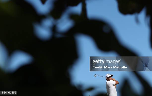 Dimitrios Papadatos of Australia hits his tee shot on the 8th hole during day two of the 2017 Fiji International at Natadola Bay Championship Golf...