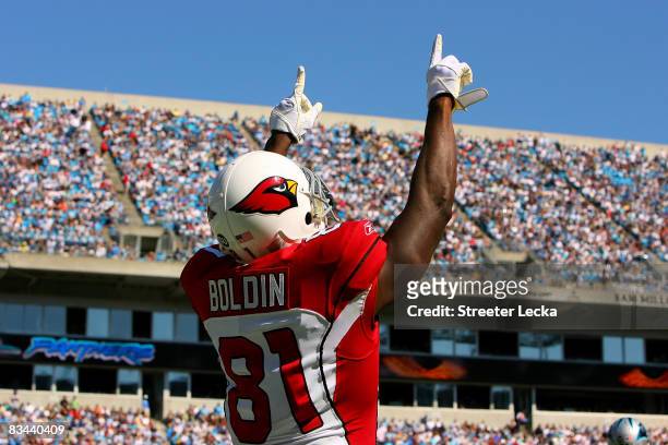 Anquan Boldin of the Arizona Cardinals celebrates after scoring a touchdown against the Carolina Panthers during their game on October 26, 2008 at...