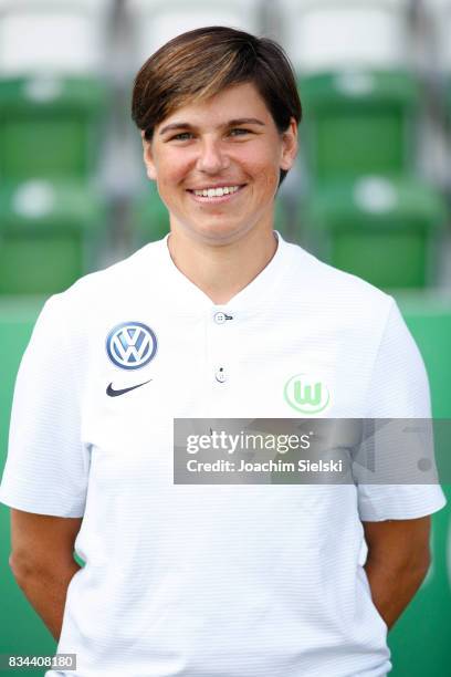 2nd Coach Ariane Hingst of VfL Wolfsburg Women's poses during the team presentation at AOK Stadion on August 16, 2017 in Wolfsburg, Germany.