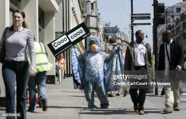 Royal National Institute for the Deaf campaigner dressed as a pigeon holds a placard subtitling a pigeons coo to highlight Deaf Awareness Week by...