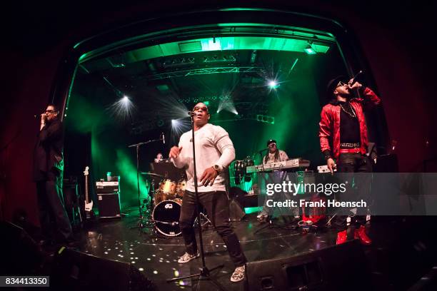 Singer Wonder Mike, Master Gee and Hen Dogg of the American band The Sugarhill Gang perform live on stage during a concert at the Columbia Theater on...