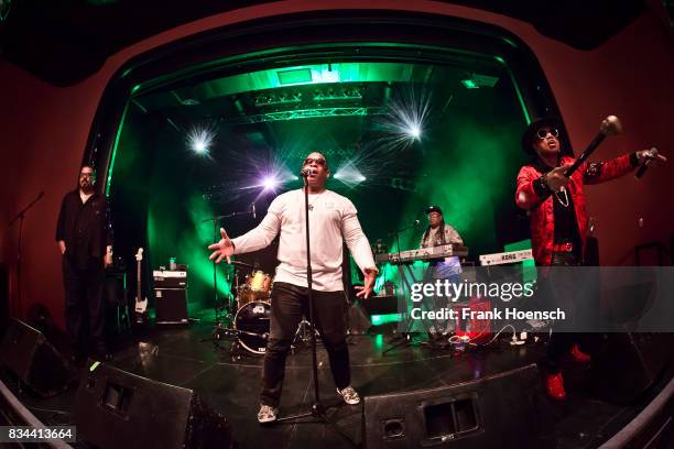 Singer Wonder Mike, Master Gee and Hen Dogg of the American band The Sugarhill Gang perform live on stage during a concert at the Columbia Theater on...