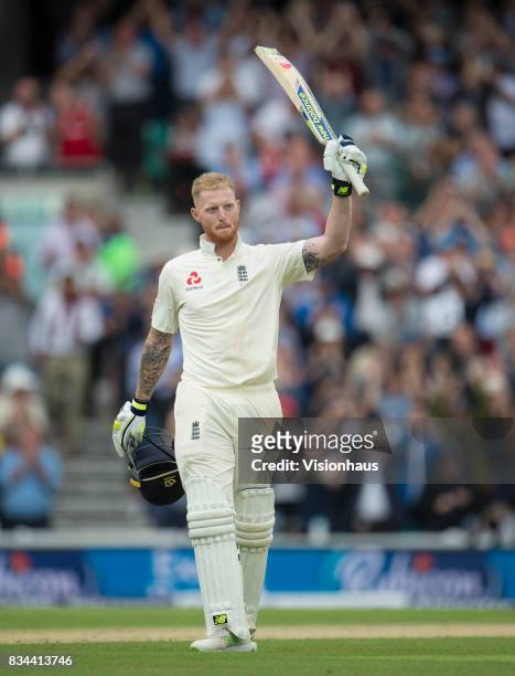 Ben Stokes of England celebrates his century during day two of the 3rd Investec test between England and South Africa at The Kia Oval on July 28,...
