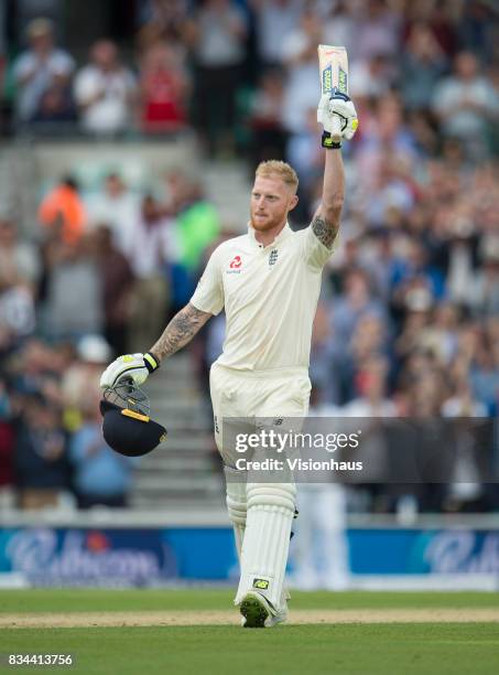 Ben Stokes of England celebrates his century during day two of the 3rd Investec test between England and South Africa at The Kia Oval on July 28,...