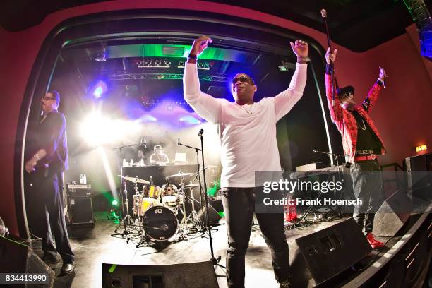 Singer Wonder Mike, Master Gee and Hen Dogg of the American band The Sugarhill Gang perform live on stage during a concert at the Columbia Theater on...