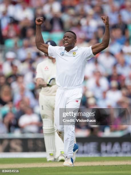 Kagiso Rabada of South Africa celebrates taking the wicket of Stuart Broad during day two of the 3rd Investec test between England and South Africa...