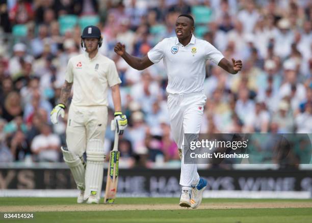 Kagiso Rabada of South Africa celebrates taking the wicket of Stuart Broad during day two of the 3rd Investec test between England and South Africa...