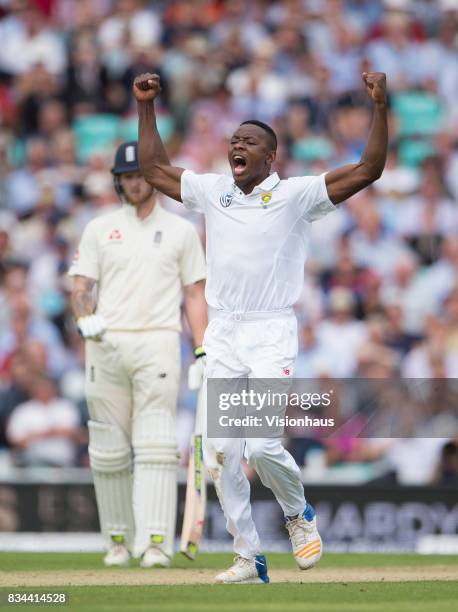 Kagiso Rabada of South Africa celebrates taking the wicket of Stuart Broad during day two of the 3rd Investec test between England and South Africa...