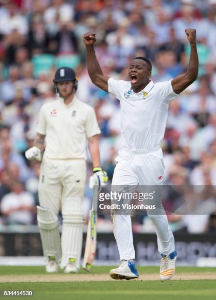 Kagiso Rabada of South Africa celebrates taking the wicket of Stuart Broad during day two of the 3rd Investec test between England and South Africa...