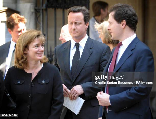 Transport Secretary Ruth Kelly chats with Shadow Chancellor George Osborne and Conservative party leader David Cameron after the funeral of...