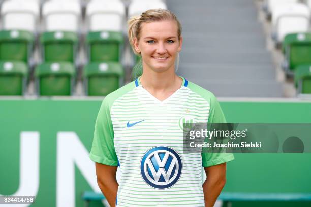 Alexandra Popp of VfL Wolfsburg Women's poses during the team presentation at AOK Stadion on August 16, 2017 in Wolfsburg, Germany.