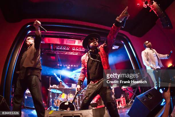 Singer Wonder Mike, Hen Dogg and Master Gee of the American band The Sugarhill Gang perform live on stage during a concert at the Columbia Theater on...