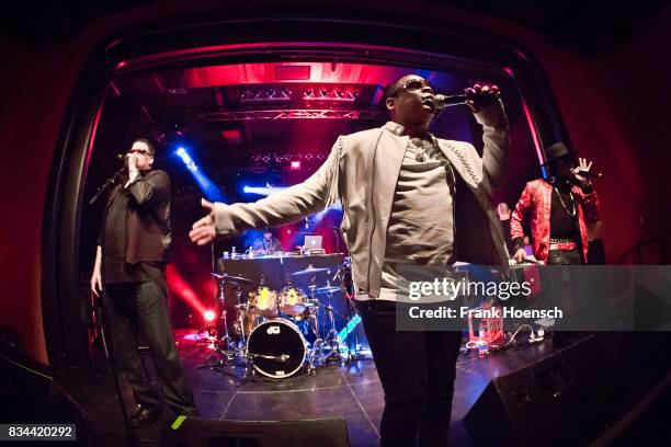 Singer Wonder Mike, Master Gee and Hen Dogg of the American band The Sugarhill Gang perform live on stage during a concert at the Columbia Theater on...