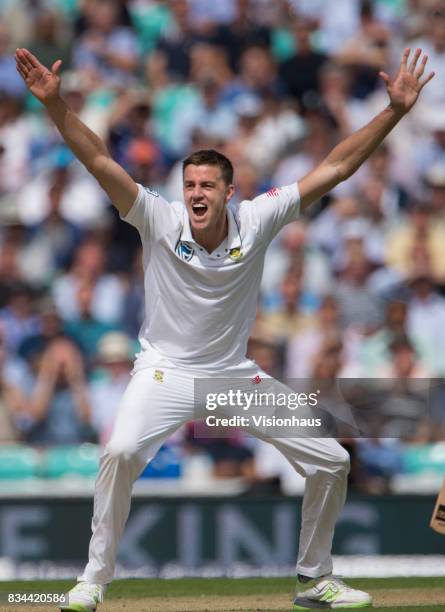 Morne Morkel of South Africa successfully appeals for the wicket of Alastair Cook of England during day two of the 3rd Investec test between England...